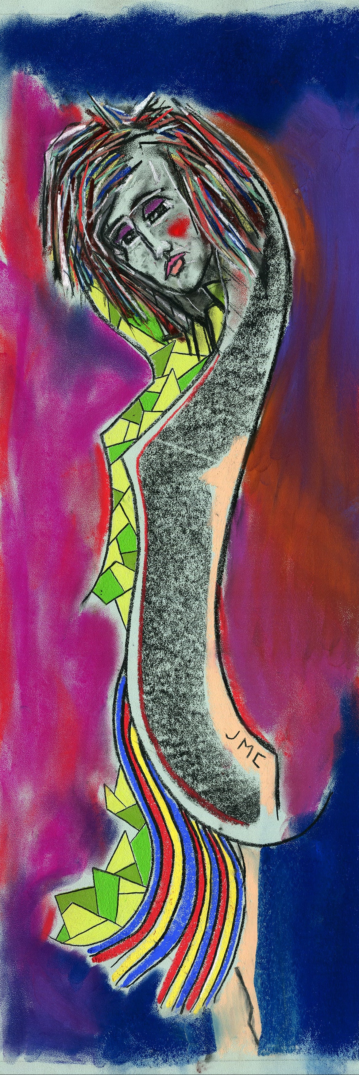 Artistic depiction of a stylized figure with colorful patterns on a purple background