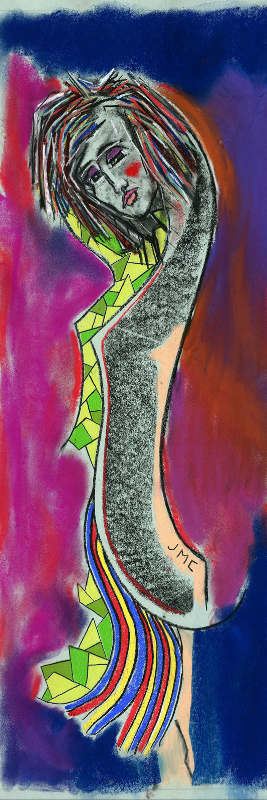 Artistic depiction of a stylized figure with colorful patterns on a purple background